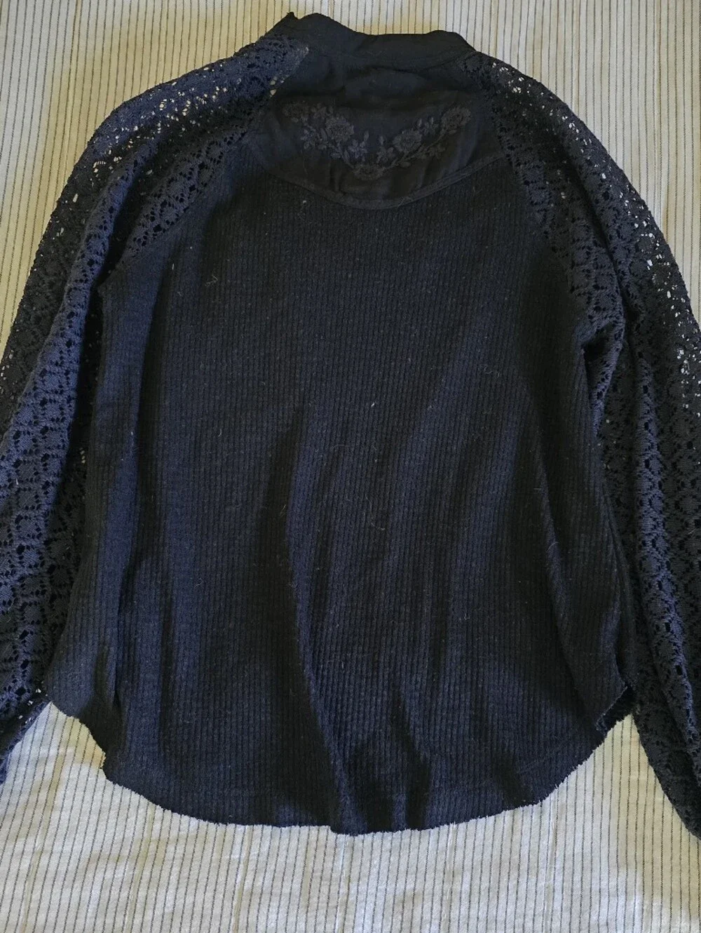 Free People High Neck Embroidered Open Knit Balloon Sleeve Blouse Black Size XS